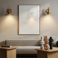 Mockup poster frame in modern living room interior with minimalist sofa, Scandinavian wooden furniture, and contemporary wall sconces