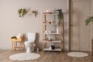 Interior of modern restroom with toilet bowl and shelving unit