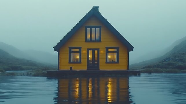 Misty, yellow cabin on a placid lake