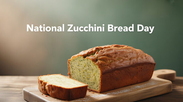 A freshly baked loaf of zucchini bread with a slice cut, displayed on a wooden cutting board for National Zucchini Bread Day