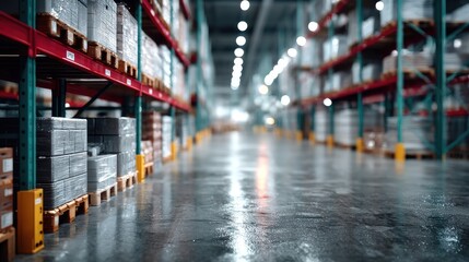 Fototapeta premium Vast Warehouse Interior with Pallet Rack Rows in Cinematic HDR