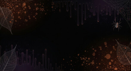 A captivating dark Halloween background, featuring a spooky spider, and delicate skeleton leaves. evokes mystery.&#x20;