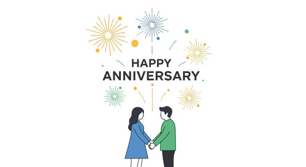 Obraz premium Minimalist Anniversary Illustration Featuring a Couple Holding Hands and Festive Fireworks. Suitable for greeting cards, social media posts, and celebratory event promotions.