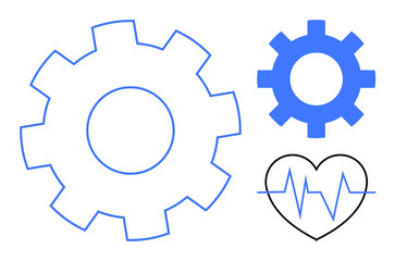 Two cogwheels and a heart with a heartbeat line intertwine concepts of innovation and health. Ideal for healthcare, technology, engineering, automation, wellness, teamwork, progress, simple flat