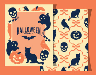 Vertical Halloween card templates with copy space, featuring pumpkins, cats, ribbons and crows. Retro 8.5x11 design for invitations, posters, seasonal party events and crafts.