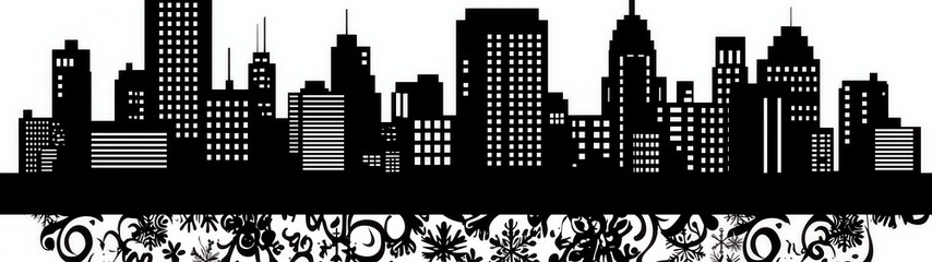 Fototapeta premium Happy New Year 2026 vector clipart, black numbers with snowflake and building winter town background, white background for greeting card, poster design template, simple line art.