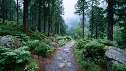 Fototapeta premium Verdant Forest Path with Towering Trees and Lush Undergrowth Amidst Rocky Terrain on Misty Mountain Side