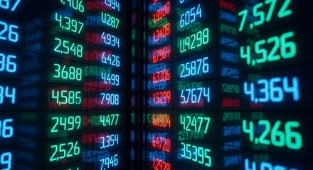 Fototapeta premium Digital stock market tickers display fluctuating numbers in neon green and blue hues