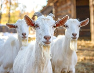 Three adorable white goats in a rustic setting