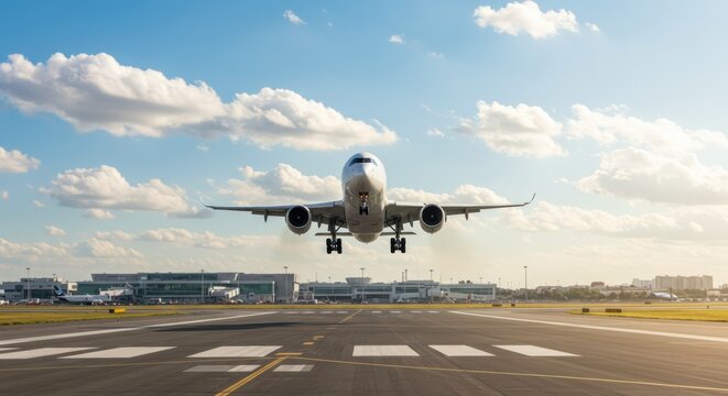 Airplane landing at airport aviation event clear skies urban environment ground flight concept