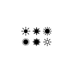 Sun icon set. Vector flat design. Collection of sun stars for use in as logo or weather icon. Yellow suns circles, bright natural lighting objects. 