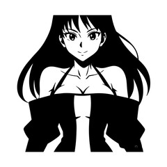 Black and white hot anime character line art illustration, stylish minimal outline drawing in clean style