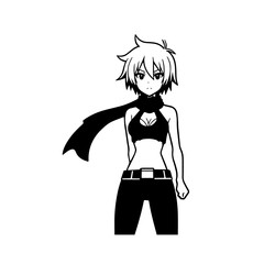 Black and white hot anime character line art illustration, stylish minimal outline drawing in clean style