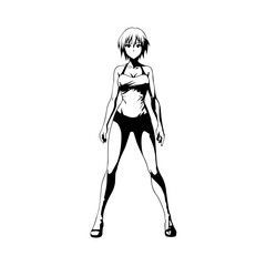 Black and white hot anime character line art illustration, stylish minimal outline drawing in clean style