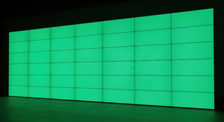 Illuminated panel array casting an emerald glow in a darkened expansive room interior