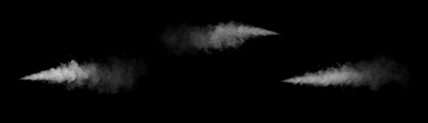Realistic white smoke jet isolated on black background, spreading in soft vapor texture. Ideal for visual effects, overlays, film editing, digital art, and creative graphic design projects.