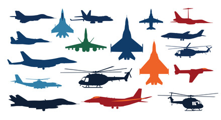 A diverse collection of military aircraft and helicopters in silhouette form.