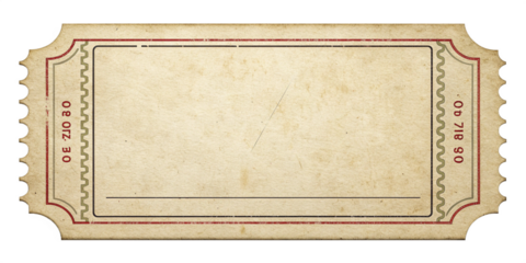 Vintage Blank Ticket Template with Red Border and Old Paper Texture
Retro Admission Ticket Mockup with Perforated Edges and Transparent Background