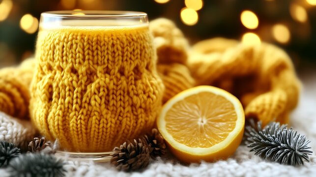 Golden drink in a cozy knit cup, winter comfort - Powered by Adobe