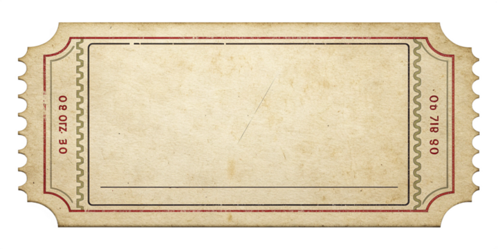 Vintage Blank Ticket Template with Red Border and Old Paper Texture
Retro Admission Ticket Mockup with Perforated Edges and Transparent Background
