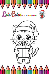 Christmas Cat with Gift Coloring Page for Kids Activity Sheet