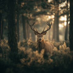 Obraz premium A calm deer stands among tall trees in a misty forest, bathed in soft golden light. Its wide antlers glow gently through the haze, capturing a peaceful and majestic moment of nature.