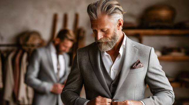 Side view of male tailor adjusting jacket during custom suit fitting session. - Powered by Adobe