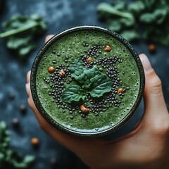 Hand holding a vibrant green smoothie bowl, topped with seeds and fresh herbs. Dark, textured background with leafy greens