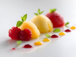 Colorful Fruit Sorbet with Raspberries and Mint on White Surface