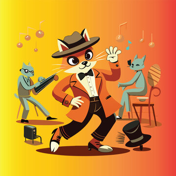 pachuco style caricature of a cat dancing to ska music svg 