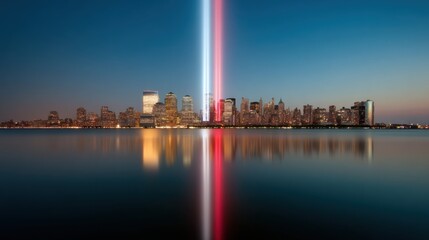 Obraz premium Authentic September 11 Remembrance with Twin Towers Memorial Lights Premium Patriotic Content for Modern Millennials and Social Media Campaigns
