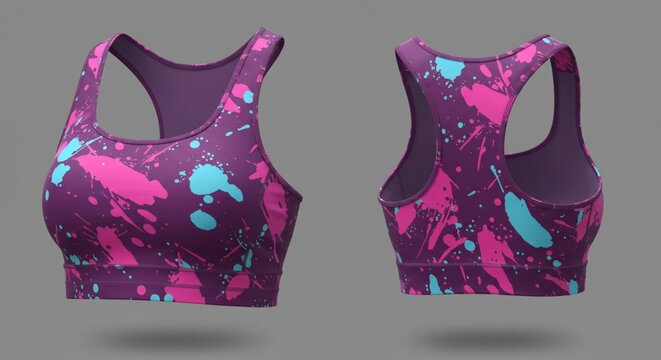 Modern Women's Sports Bra Mockup Featuring Vibrant Pink and Blue Abstract Paint Splatter Pattern Design