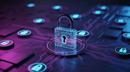 Glowing padlock on circuit board with lock icons security digital
