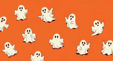 A seamless Halloween pattern of cute, friendly cartoon ghosts floating on a bright orange background.