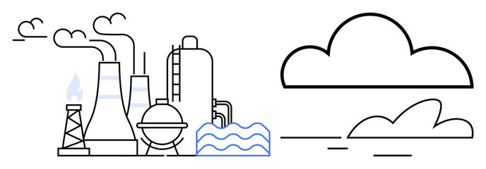 Factory buildings with chimneys emitting smoke beside water and clouds. Ideal for sustainability, environment, industry, air pollution, clean energy, climate change, ecological impact. Simple flat