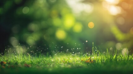 Obraz premium dewdrops. Vibrant spring garden with golden sunlight filtering through trees and glistening dewdrops on lush green grass. travel magazines.