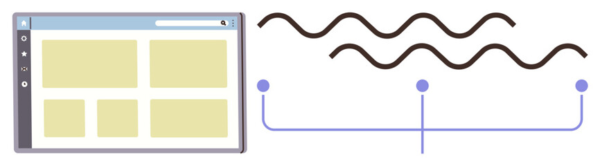 Browser window with a grid layout alongside curved lines and connection points representing data flow. Ideal for design, analytics, development, innovation, process flow, networking, simple flat