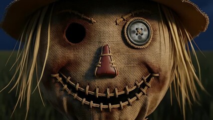 Smiling scarecrow winks, crafted from burlap, straw, and buttons. Spooky Halloween decoration, autumn harvest festival, farm, rural scene, agriculture, scarecrow character. - Powered by Adobe