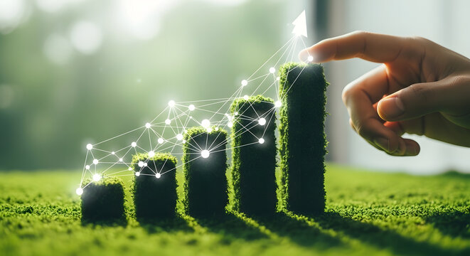 A hand interacting with a green bar graph on a grassy surface with connected network lines and a blurred background.