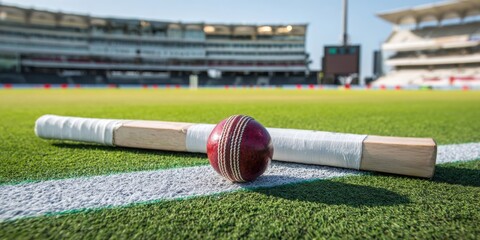 Professional High-Quality Cricket Ball and Bat on Stadium Pitch Modern Premier League Sports Marketing Content for Competitive Spirit and Social Media