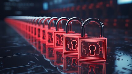 Glowing red digital padlocks in a row security technology