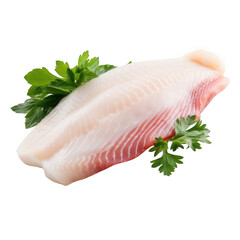 Raw tilapia fish fillet, a healthy and versatile source of protein, garnished with fresh parsley and isolated on a transparent background, perfect for culinary use and food photography