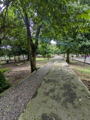 A paved walkway lined with trees and gravel runs through a park on a cloudy day.