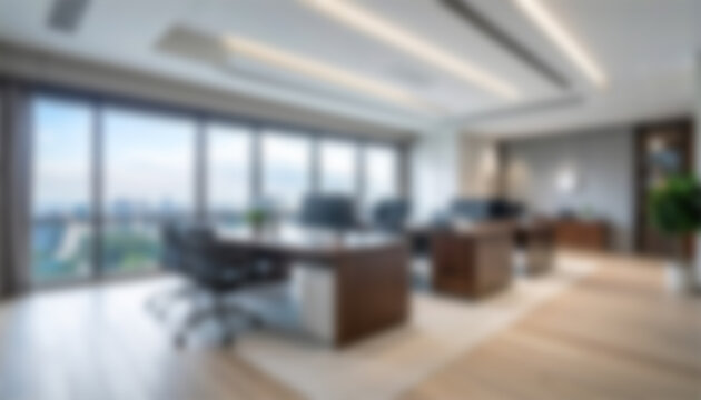 Blurred modern open office workspace with large windows, city skyline view, contemporary desks, computer monitors, and ergonomic chairs in bright daylight.