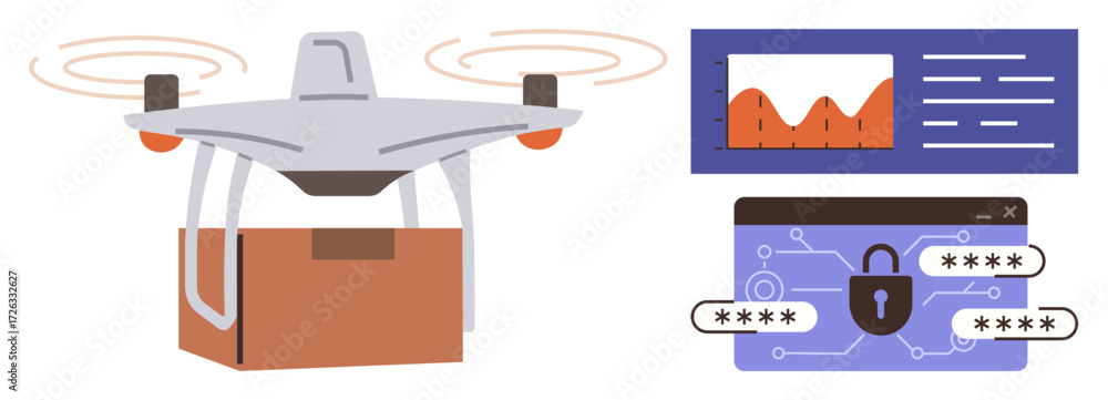 Aufkleber quadcopter carrying package alongside data analytics graphs and digital lock with passwords. ideal f