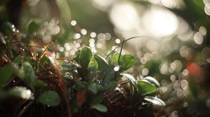 dewdrops. Vibrant spring garden with golden sunlight filtering through trees and glistening dewdrops on lush green grass. travel magazines.