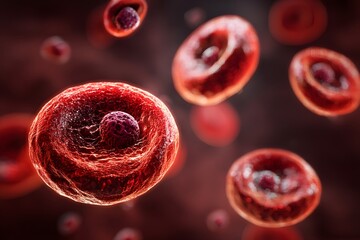 Red blood cells floating in a dark background.