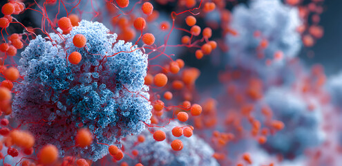 Cells interacting with other cells in a microscopic view, showcasing the complexity and beauty of biological processes, creating a sense of wonder.