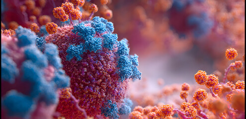 Detailed microscopic view of a virus particle with blue and orange spikes, showcasing its complex structure and potential threat in a scientific context.