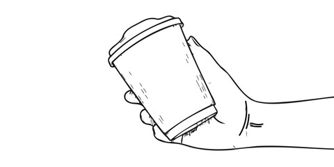 Minimalist line art illustration of a hand holding a takeaway coffee cup with lid, simple outline drawing symbolizing coffee culture, café lifestyle, hot drinks, and modern design.